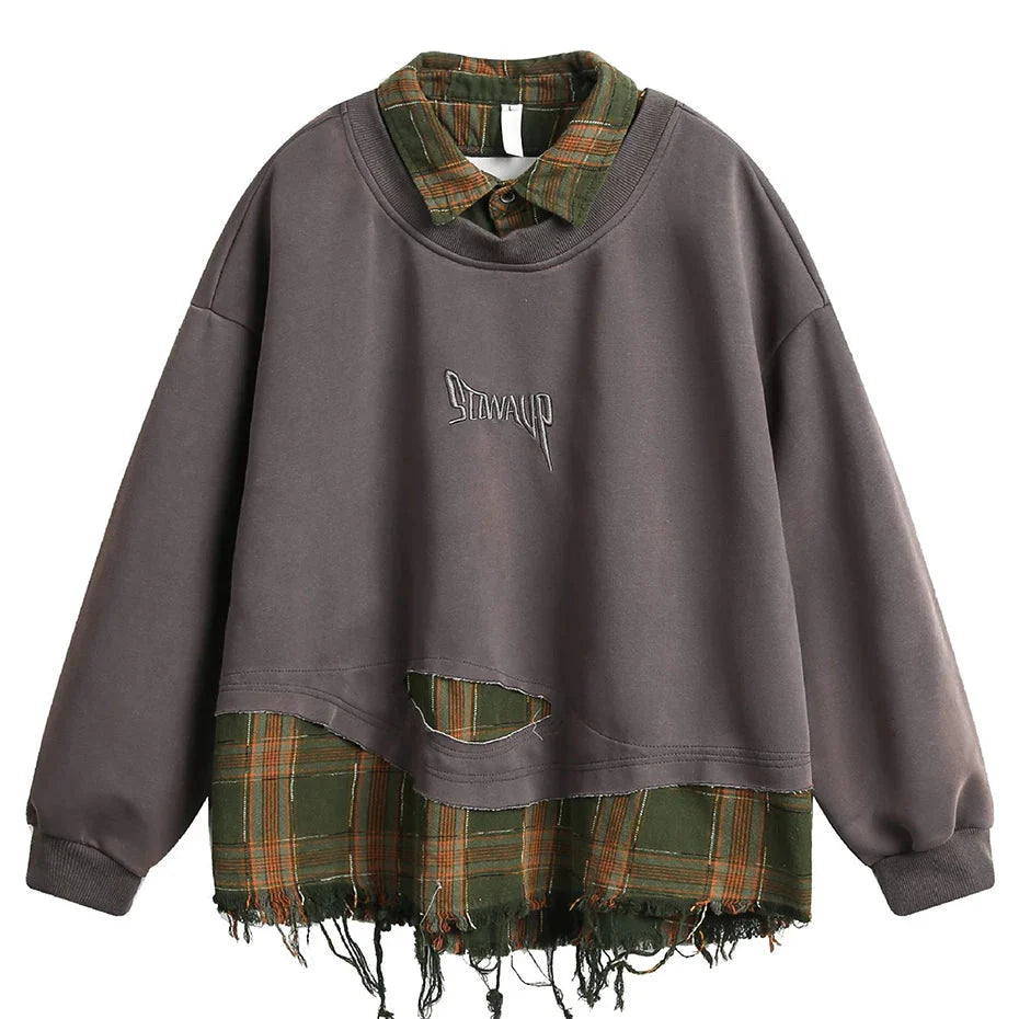 Retro Plaid-Layered Distressed Sweatshirt Newgew