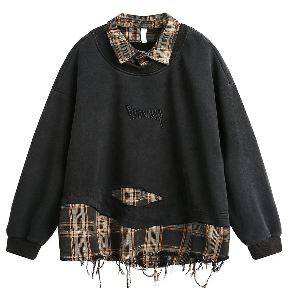 Retro Plaid-Layered Distressed Sweatshirt Newgew