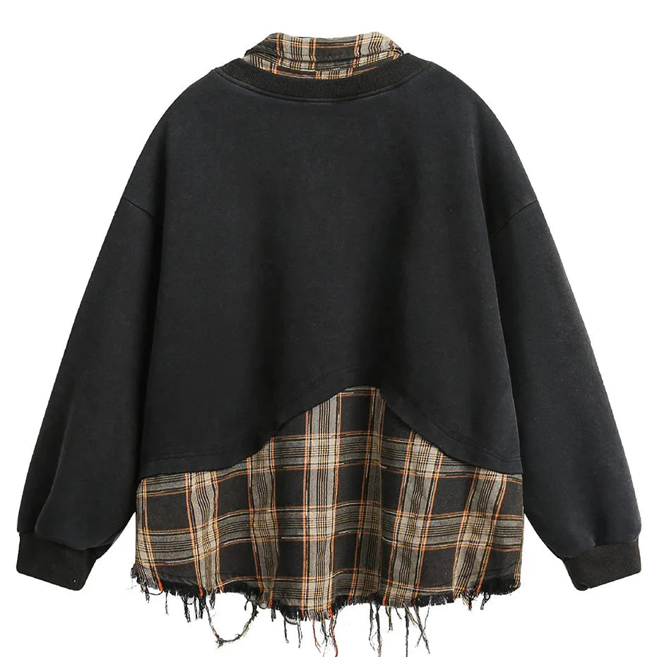 Retro Plaid-Layered Distressed Sweatshirt Newgew