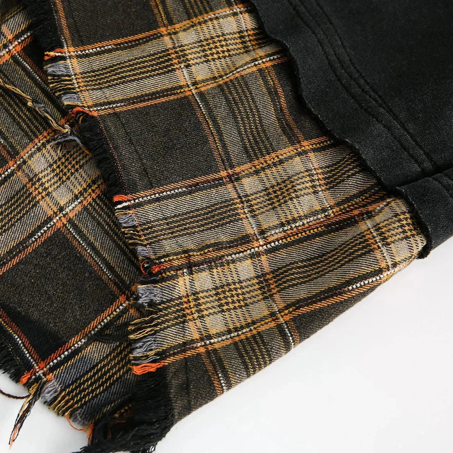 Retro Plaid-Layered Distressed Sweatshirt Newgew