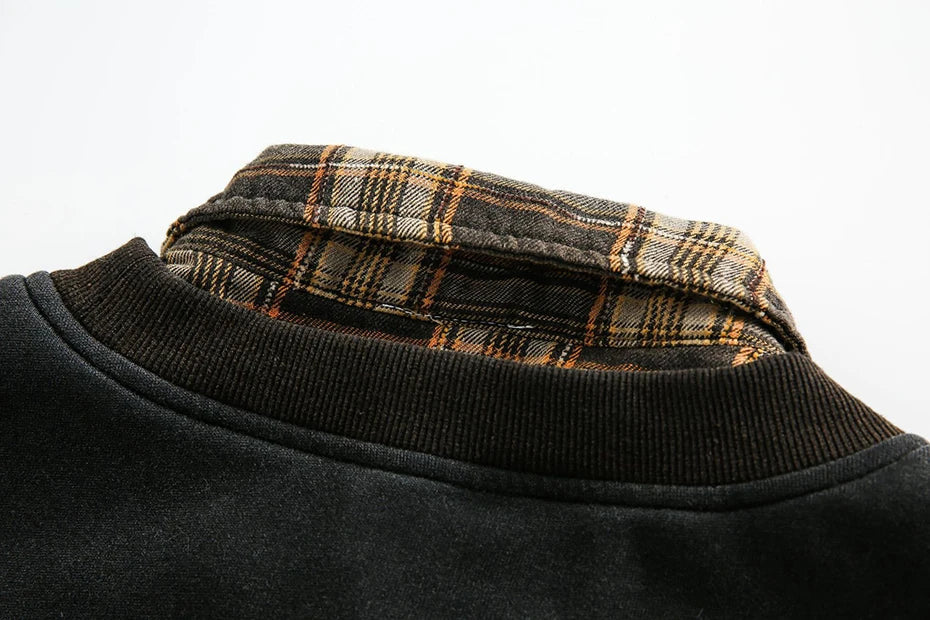 Retro Plaid-Layered Distressed Sweatshirt Newgew