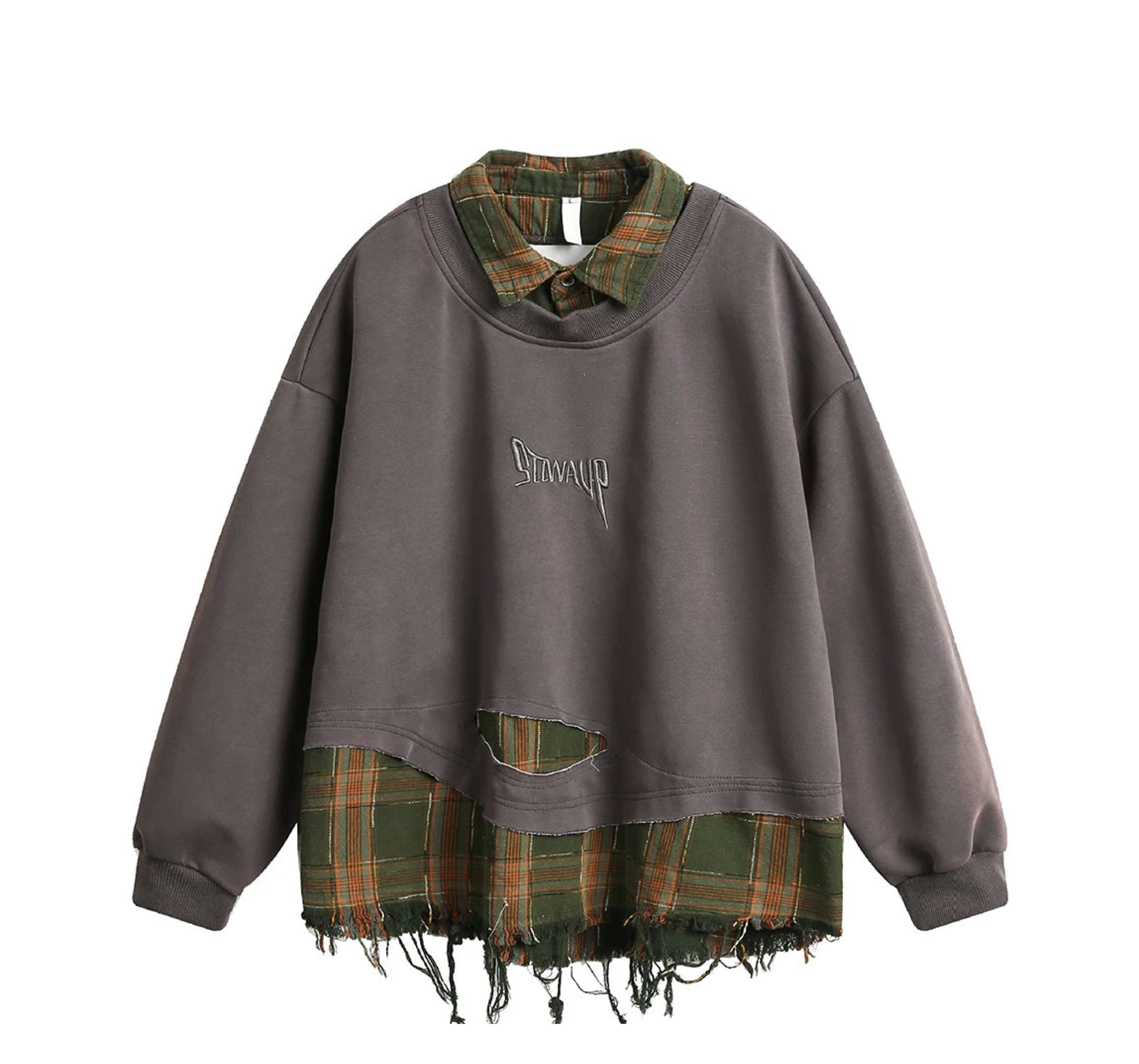 Retro Plaid-Layered Distressed Sweatshirt Newgew