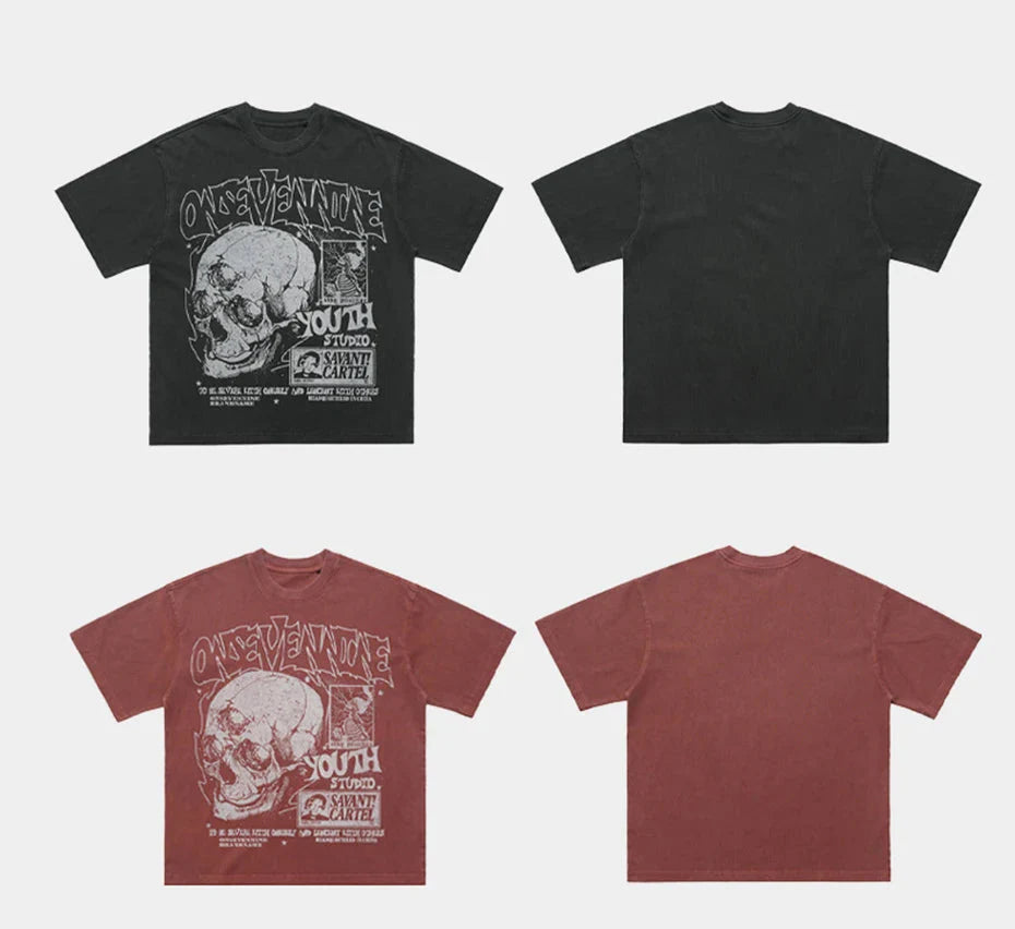 Retro Skulls Washed Graphic T-Shirt Newgew