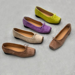 Retro Bow Square Toe Suede Leather Ballet Flats Newgew Shoes