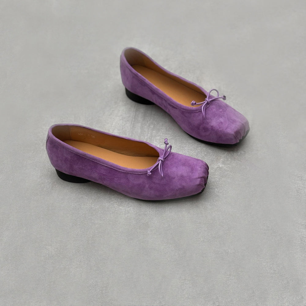 Retro Bow Square Toe Suede Leather Ballet Flats Newgew Shoes