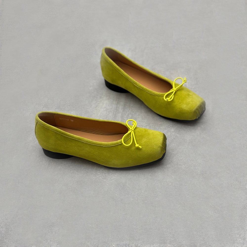 Retro Bow Square Toe Suede Leather Ballet Flats Newgew Shoes