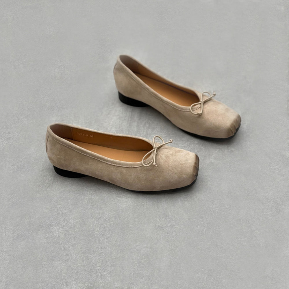 Retro Bow Square Toe Suede Leather Ballet Flats Newgew Shoes