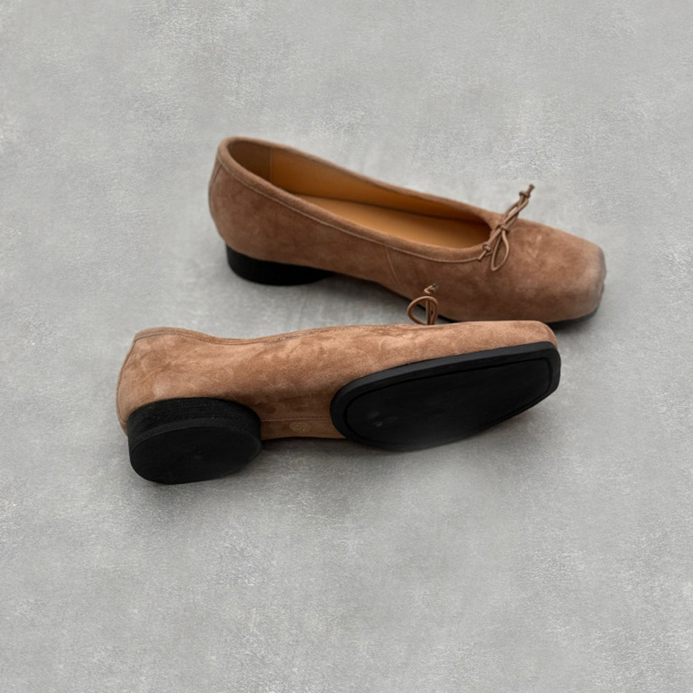 Retro Bow Square Toe Suede Leather Ballet Flats Newgew Shoes