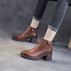 Retro Solid Leather Casual Wedge Boots With Rear Zipper Newgew Shoes