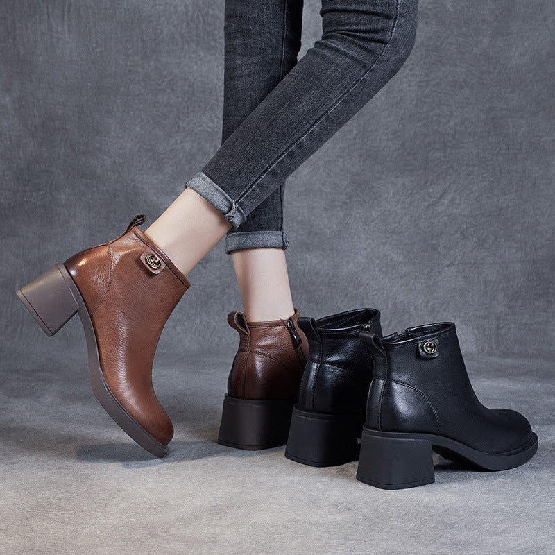 Retro Solid Leather Casual Wedge Boots With Rear Zipper Newgew Shoes