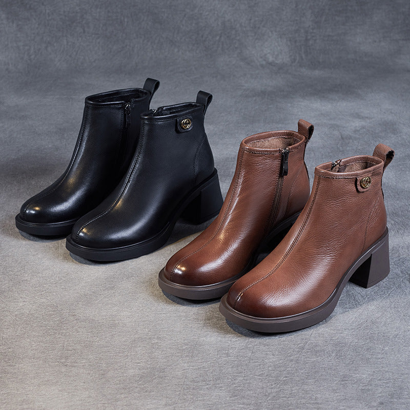 Retro Solid Leather Casual Wedge Boots With Rear Zipper Newgew Shoes