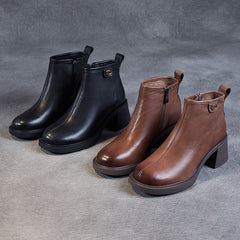 Retro Solid Leather Casual Wedge Boots With Rear Zipper Newgew Shoes
