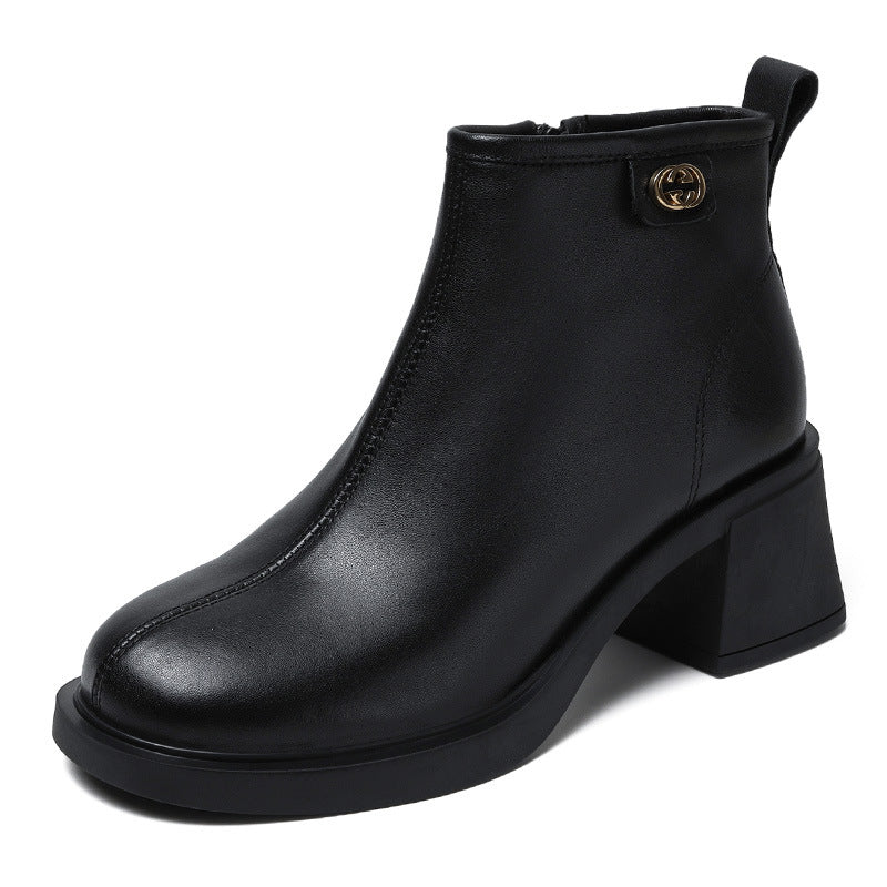Retro Solid Leather Casual Wedge Boots With Rear Zipper Newgew Shoes