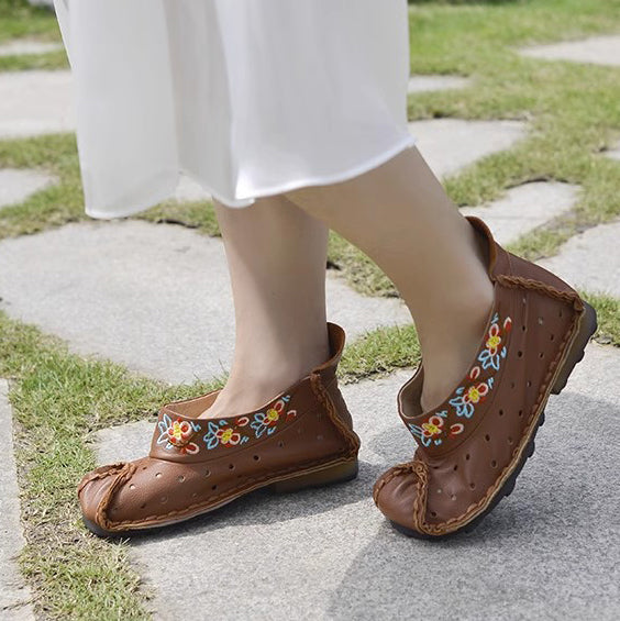 Retro Women Slip-On Embroidered Ethnic Style Genuine Leather Shoes Newgew Shoes