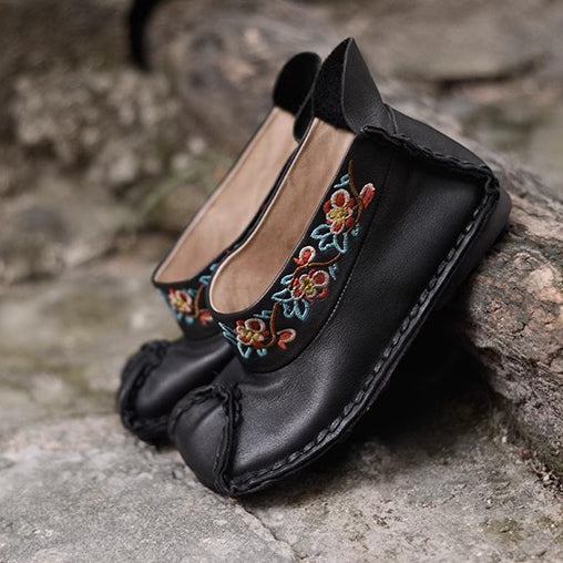 Retro Women Slip-On Embroidered Ethnic Style Genuine Leather Shoes Newgew Shoes