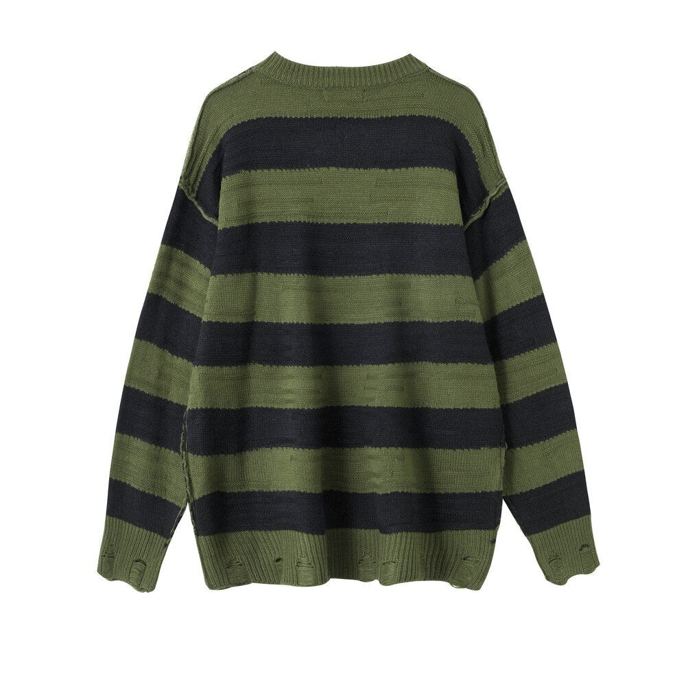 Reverse Knit Distressed Stripe Knitted Sweater Newgew