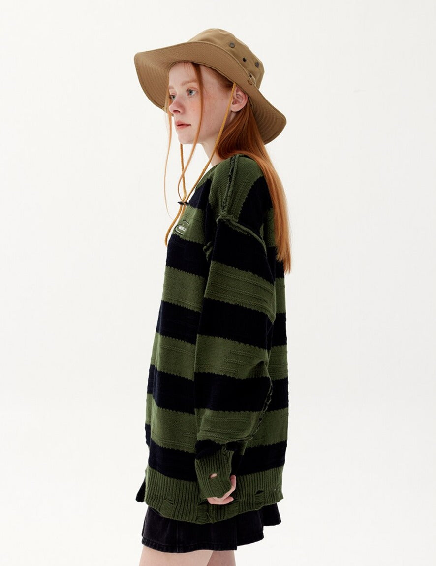 Reverse Knit Distressed Stripe Knitted Sweater Newgew