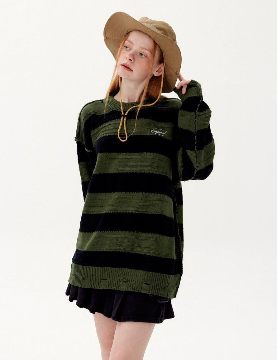 Reverse Knit Distressed Stripe Knitted Sweater Newgew