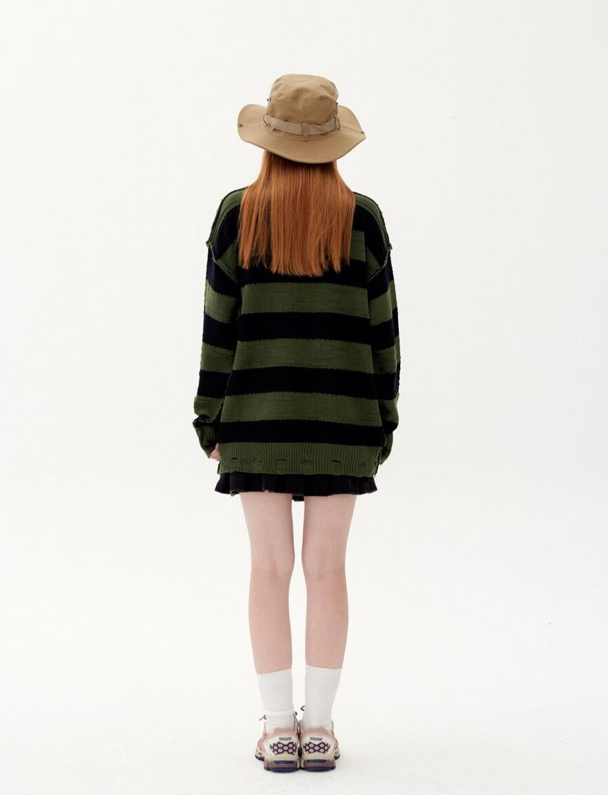 Reverse Knit Distressed Stripe Knitted Sweater Newgew