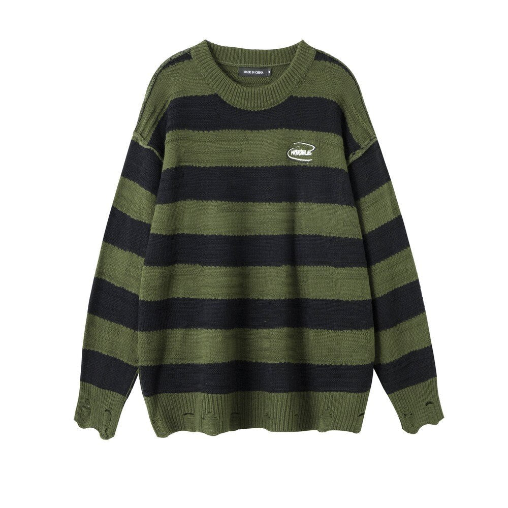 Reverse Knit Distressed Stripe Knitted Sweater Newgew