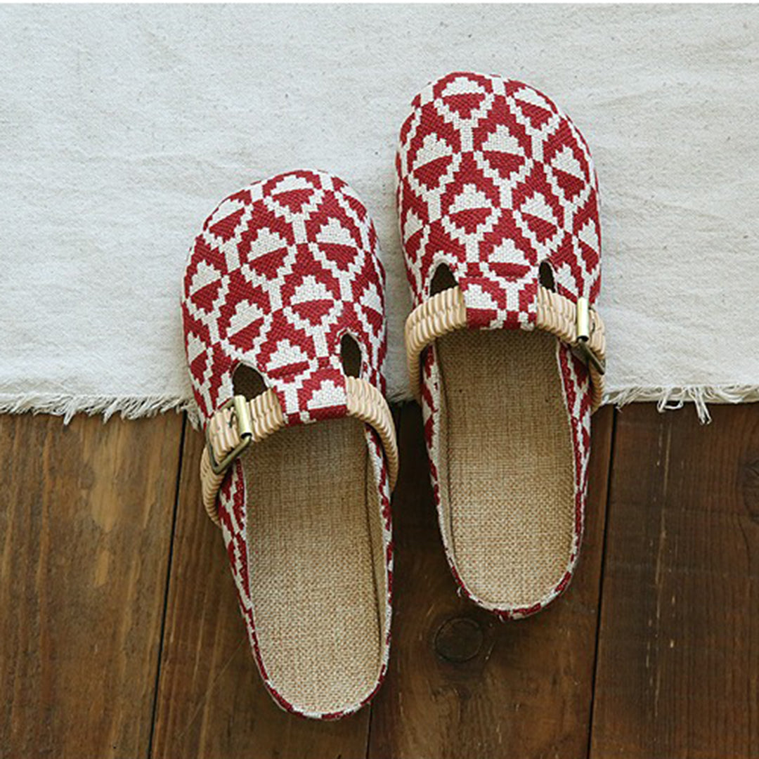 Round Toe Lattice Handmade Linen Slippers Newgew Shoes