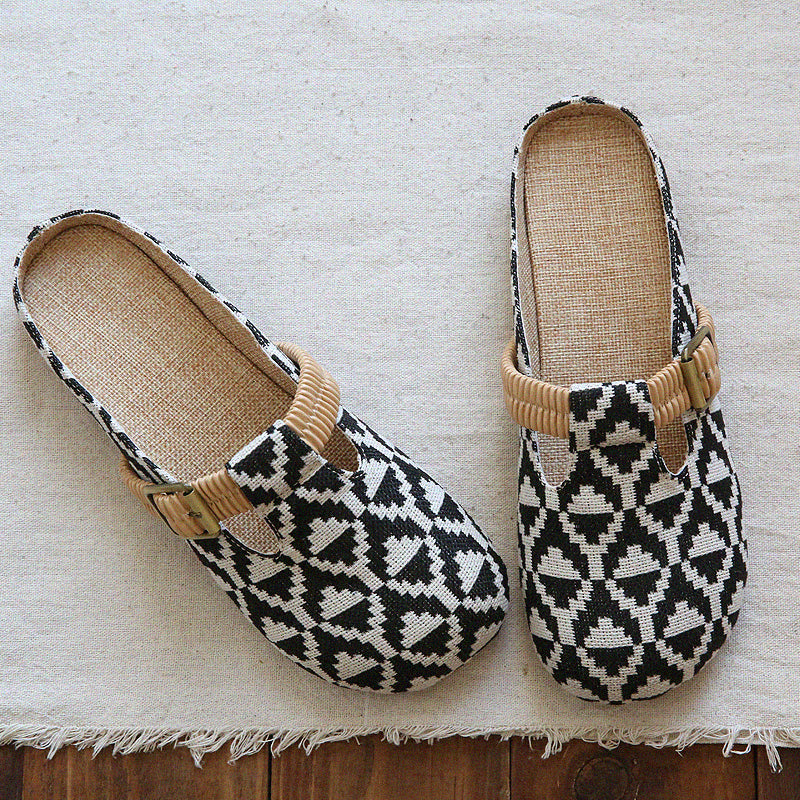 Round Toe Lattice Handmade Linen Slippers Newgew Shoes