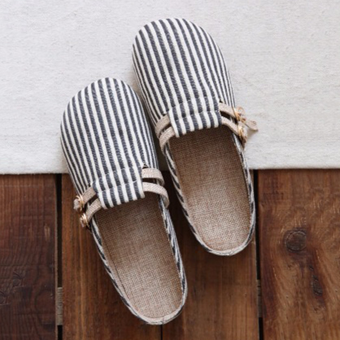 Round Toe Stripes Handmade Linen Slippers Newgew Shoes