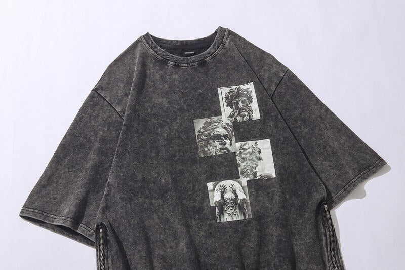 Side Zip Acid Washed Statue Print T-Shirt Newgew