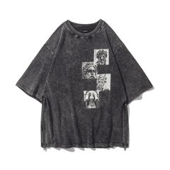 Side Zip Acid Washed Statue Print T-Shirt Newgew