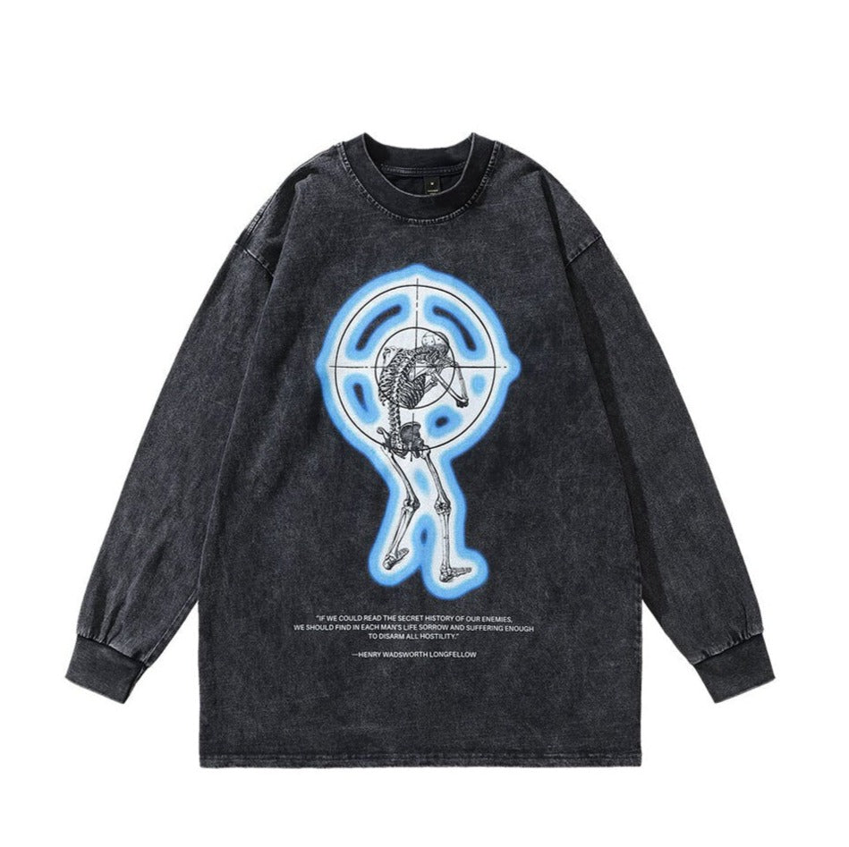 Skeleton Target Acid Washed Long Sleeve T-Shirt Newgew