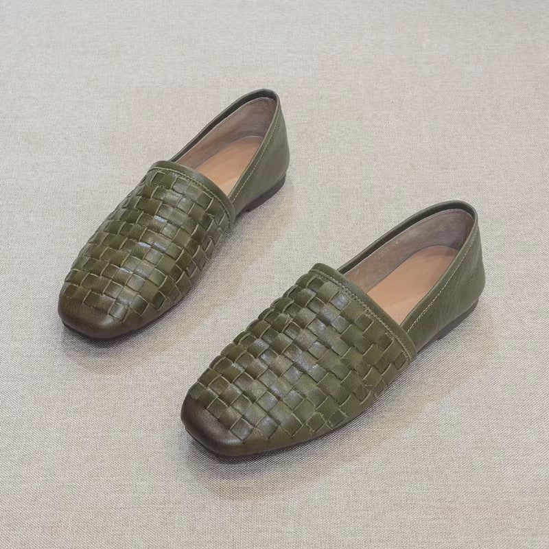 Slip-on Flat Cowhide Woven Leather Loafers Newgew Shoes