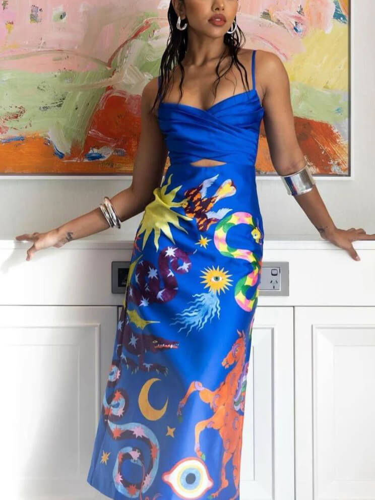 Summer Satin Backless Printed Sleeveless Midi Dress Newgew Dresses