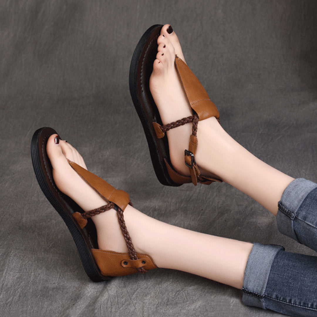 Summer Clip Toe Flat Leather Buckle Sandals Newgew Shoes