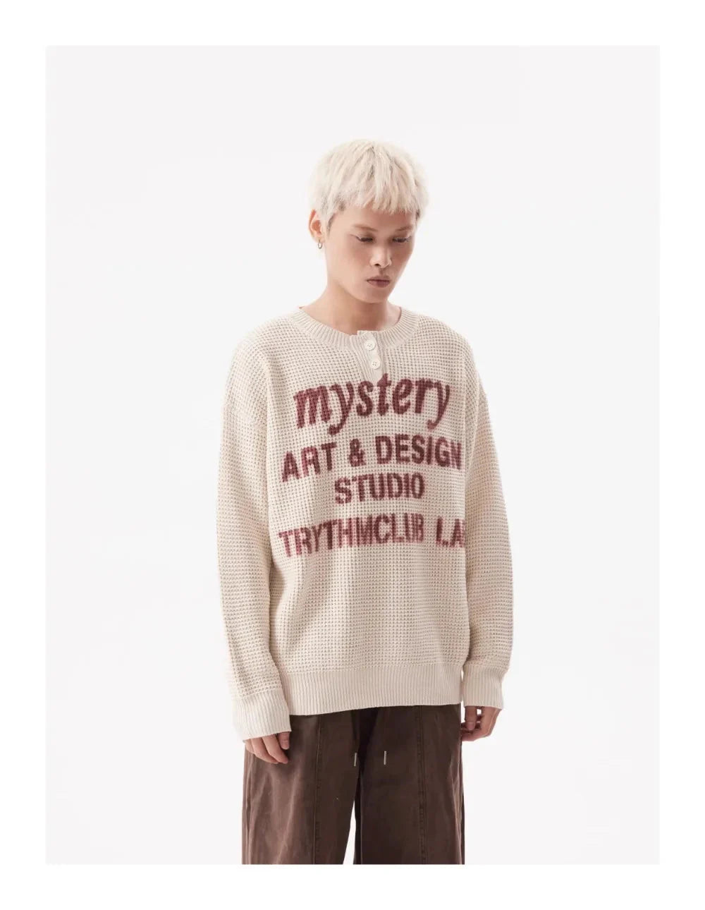 TRYTHM Waffle Knit Slogan Henley Sweater Newgew