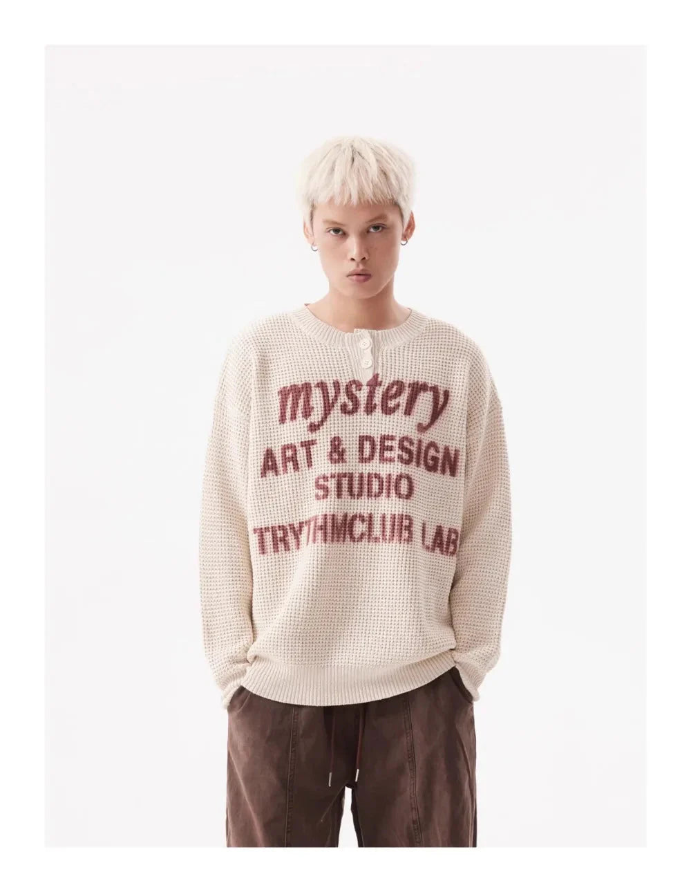 TRYTHM Waffle Knit Slogan Henley Sweater Newgew