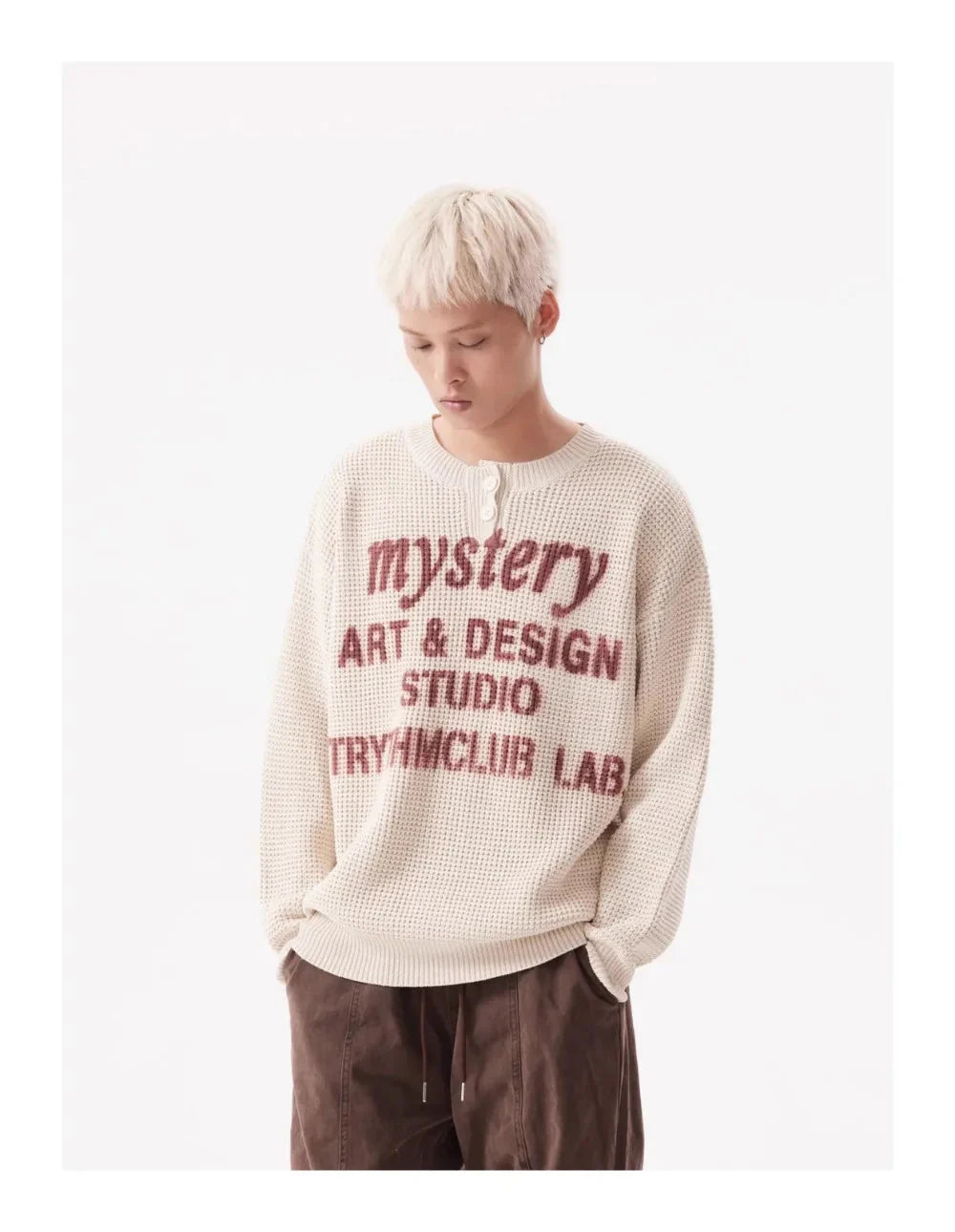 TRYTHM Waffle Knit Slogan Henley Sweater Newgew