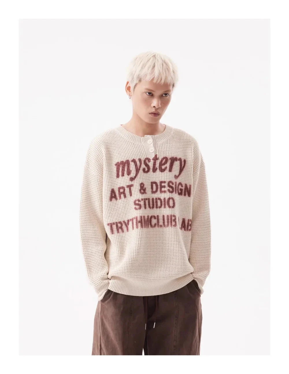 TRYTHM Waffle Knit Slogan Henley Sweater Newgew