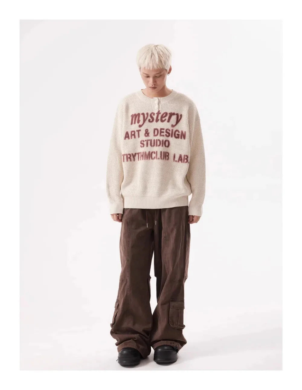 TRYTHM Waffle Knit Slogan Henley Sweater Newgew