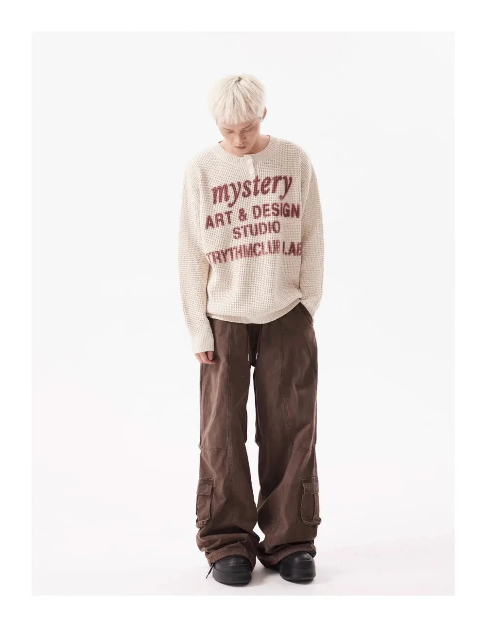 TRYTHM Waffle Knit Slogan Henley Sweater Newgew