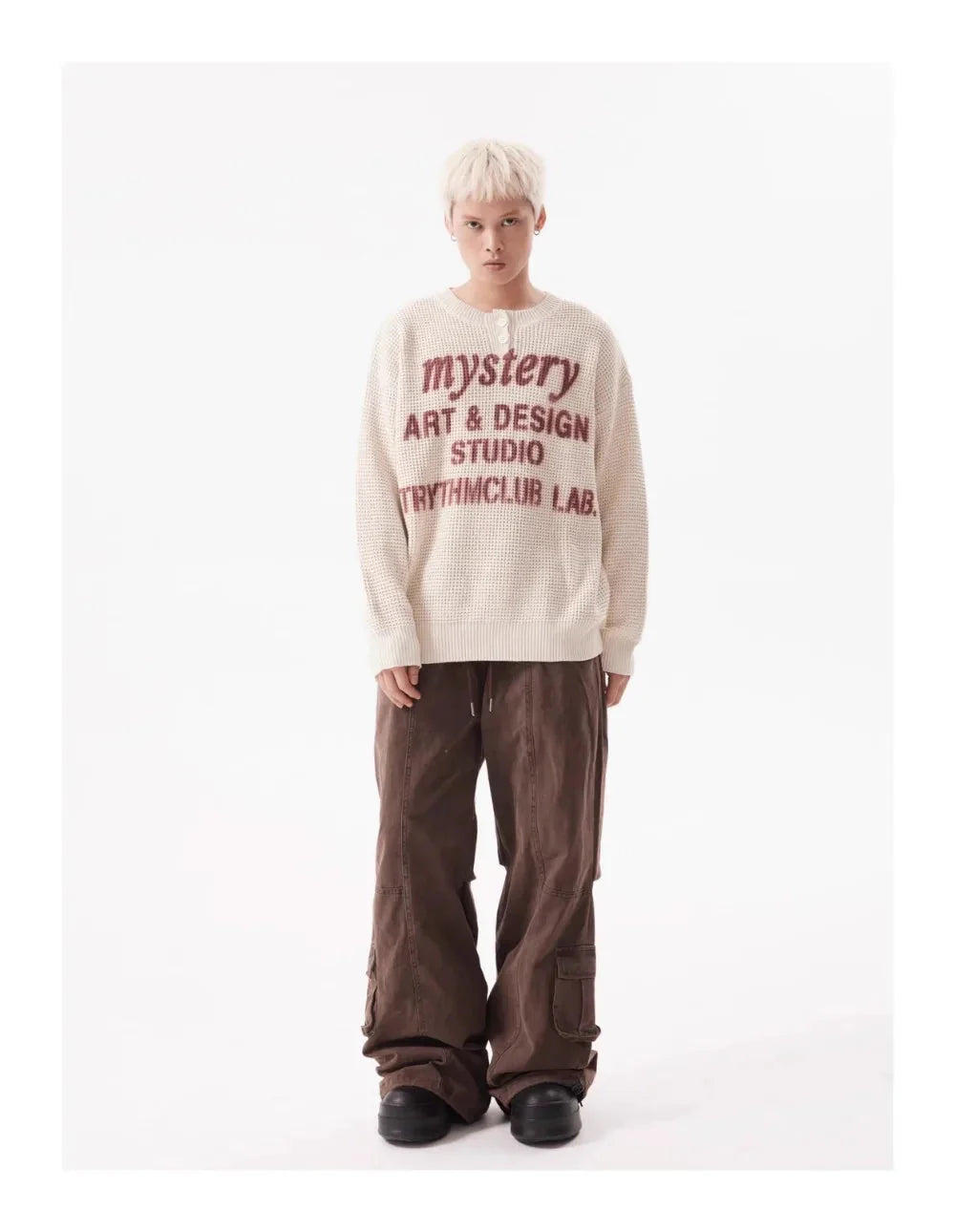 TRYTHM Waffle Knit Slogan Henley Sweater Newgew