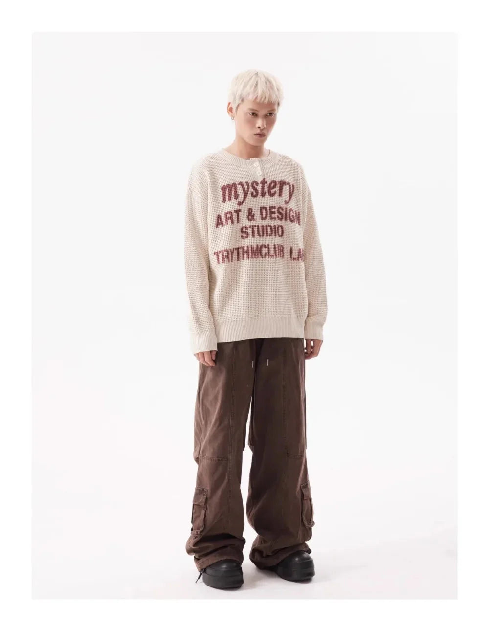 TRYTHM Waffle Knit Slogan Henley Sweater Newgew