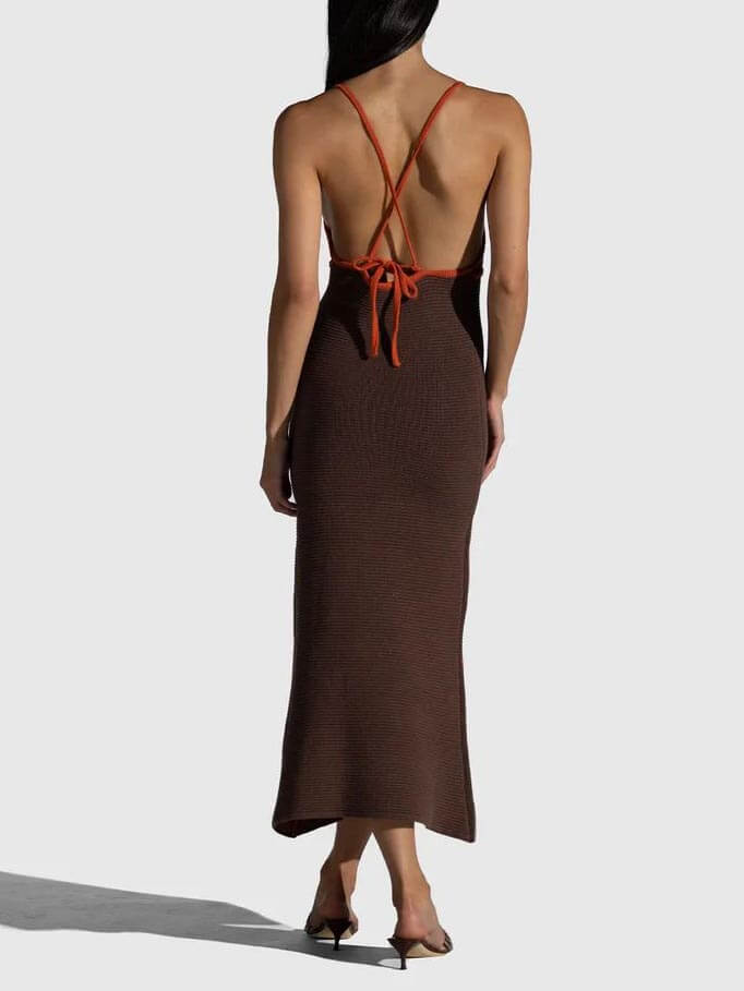Knitted Suspender Halterneck V-Neck Backless Midi Dress Newgew Dresses