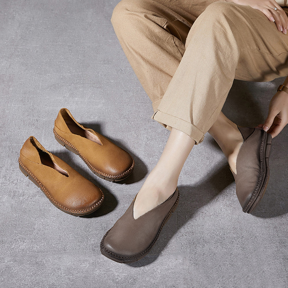 V-cut Slip-On Flat Leather Shoes Slippers Newgew Shoes