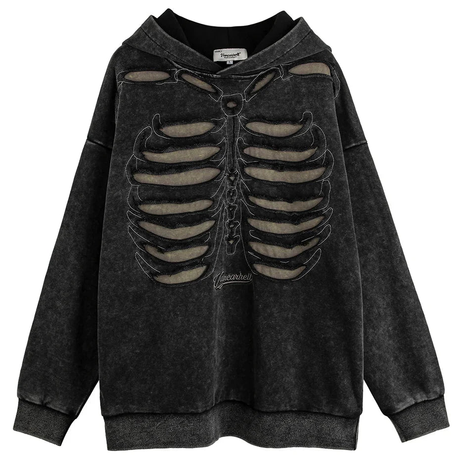 VANCARHELL Skeleton Ribcage Acid Wash Hoodie Newgew