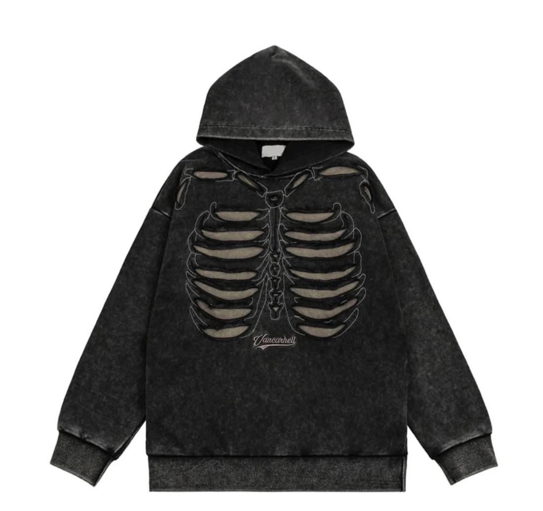 VANCARHELL Skeleton Ribcage Acid Wash Hoodie Newgew