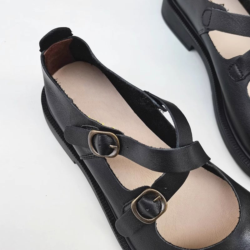 Women Leather Cross Belt Flat Shoes Newgew Shoes