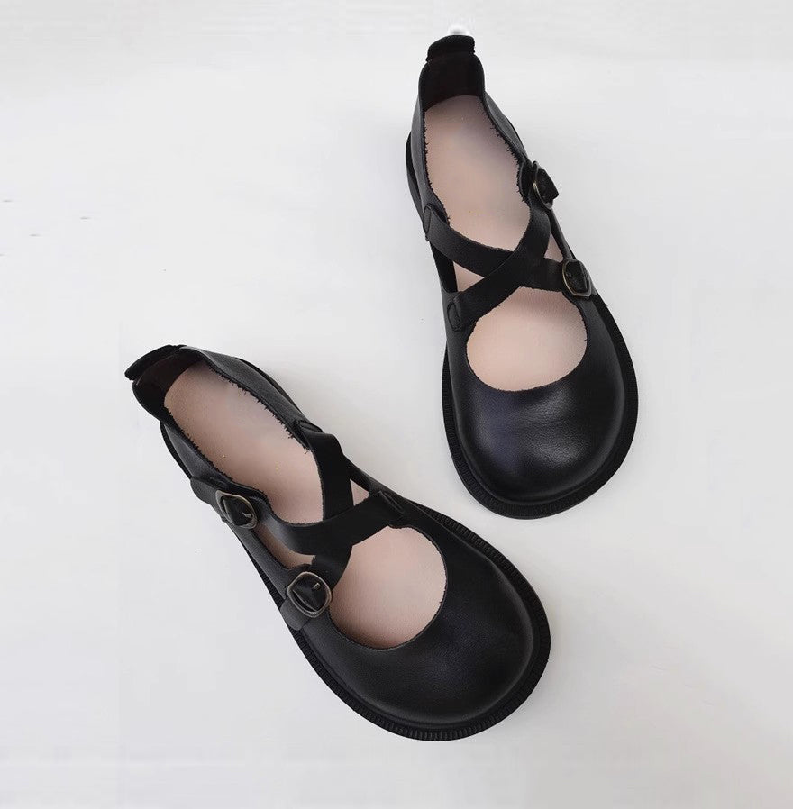 Women Leather Cross Belt Flat Shoes Newgew Shoes