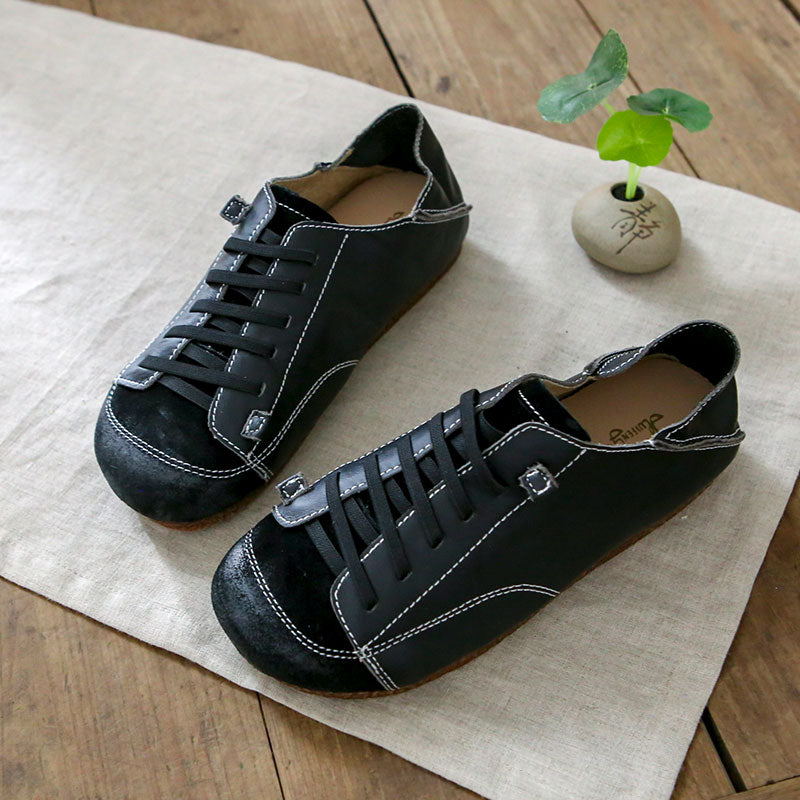 Women Leather Lace-Up Handmade Paneled Retro Shoes Newgew Shoes