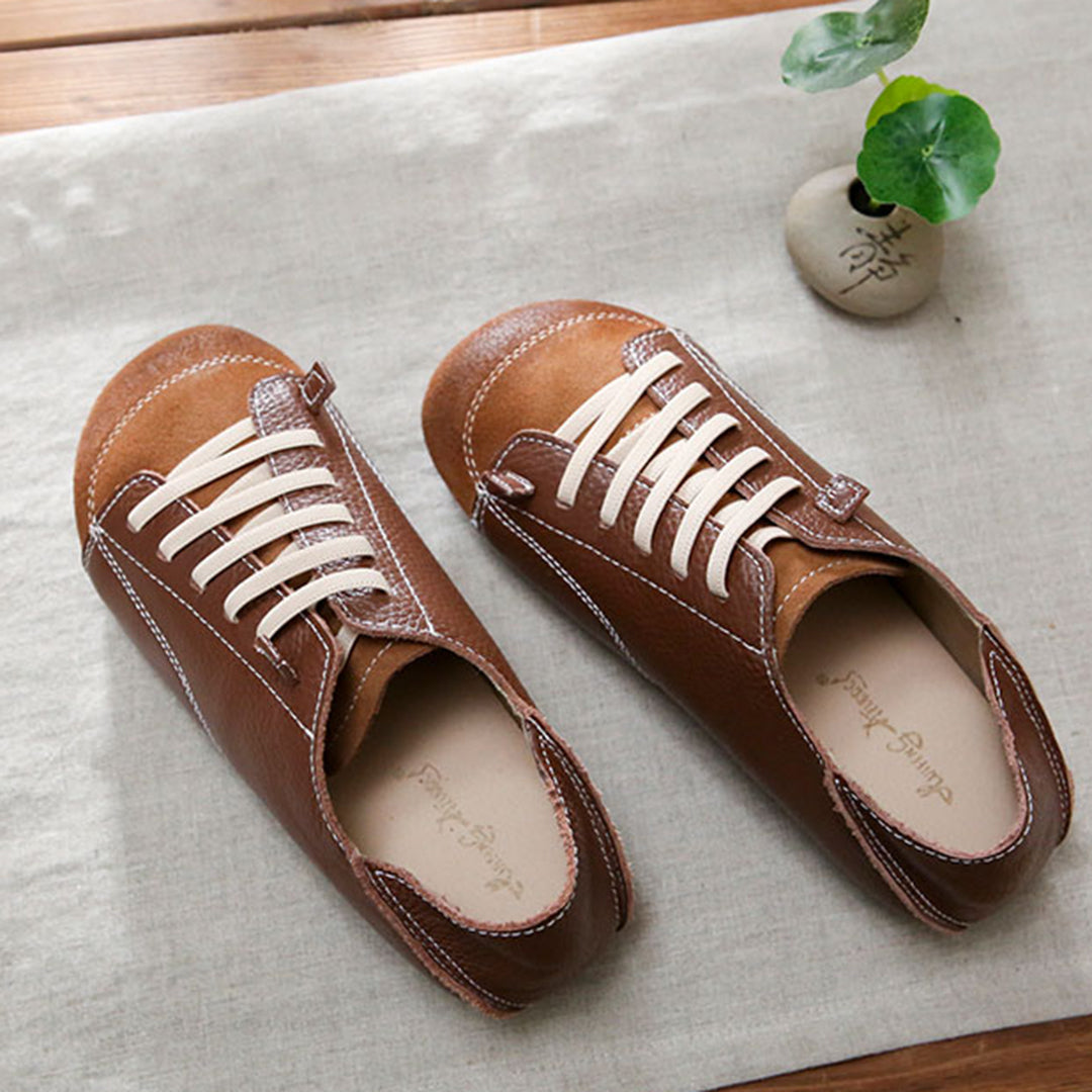 Women Leather Lace-Up Handmade Paneled Retro Shoes Newgew Shoes