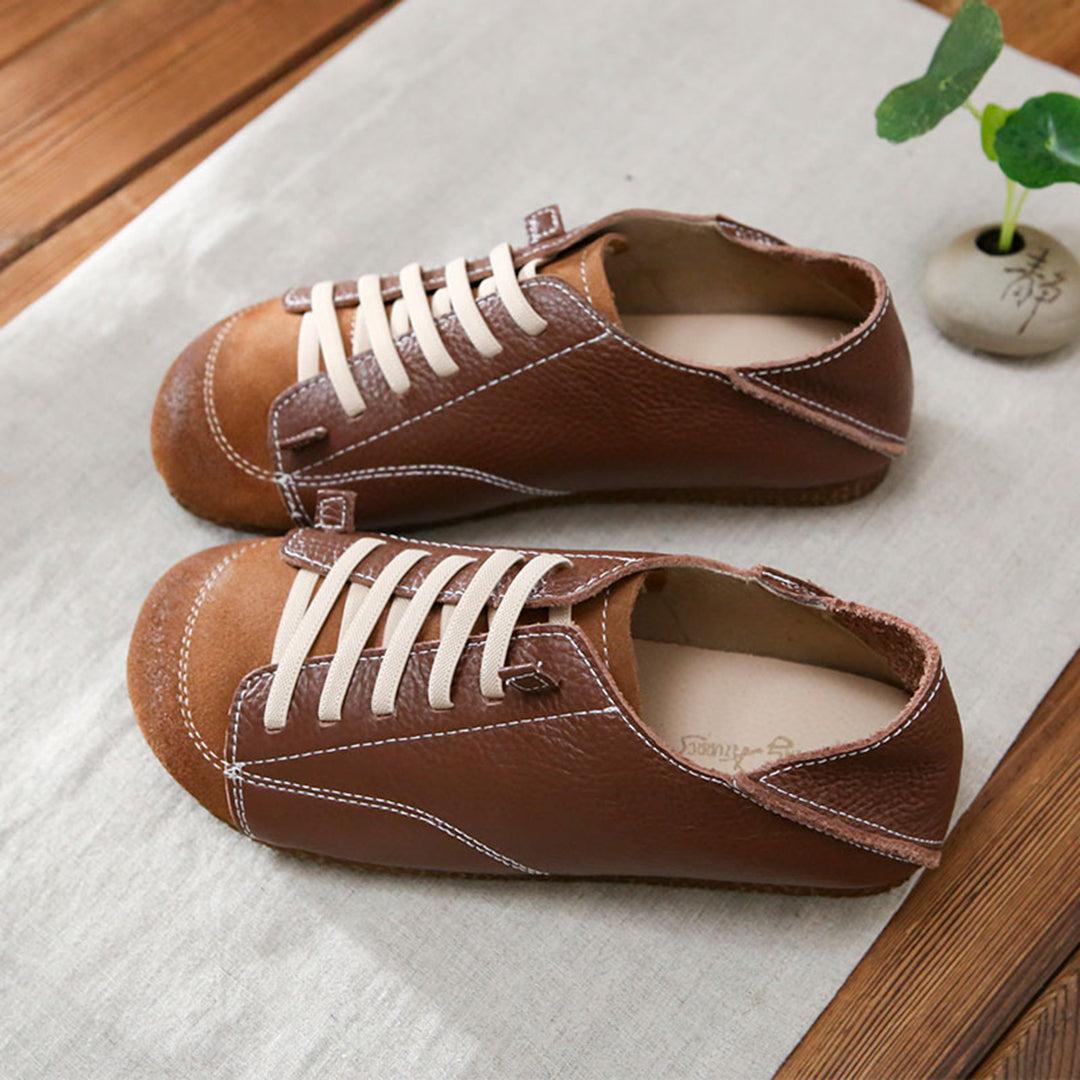 Women Leather Lace-Up Handmade Paneled Retro Shoes Newgew Shoes